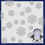 snow flakes with penguins in winter clothing
